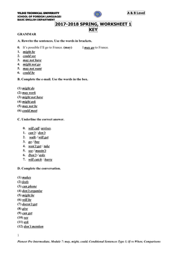 2017-2018 Spring, Worksheet 1 Key Grammar A