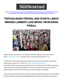 Tortuga Music Festival 2020 Tickets, Lineup: Miranda Lambert, Luke Bryan, Tim Mcgraw, Pitbull