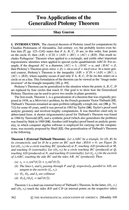 Two Applications of the Generalized Ptolemy Theorem