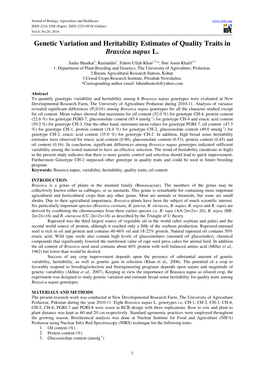 Genetic Variation and Heritability Estimates of Quality Traits in Brassica Napus L