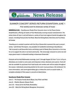 Summer Concert Series Return Downtown June 1