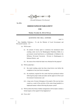 Order Paper of Parliament