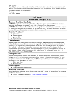 Unit Name: Powers and Multiples of 10