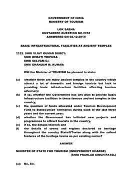 Government of India Ministry of Tourism Lok Sabha