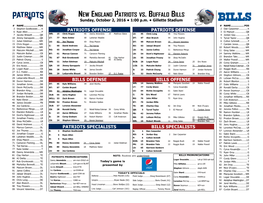 New England Patriots Vs. Buffalo Bills Sunday, October 2, 2016 • 1:00 P.M