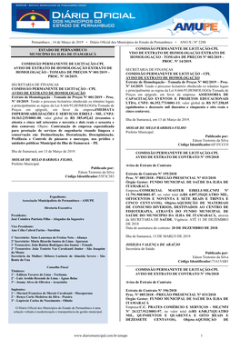 Pernambuco , 14 De Março De 2019 • Diário Oficial Dos Municípios Do Estado De Pernambuco • ANO X | Nº 2288