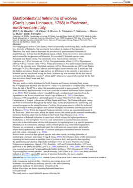 Gastrointestinal Helminths of Wolves (Canis Lupus Linnaeus, 1758) in Piedmont, North-Western Italy M.R.P