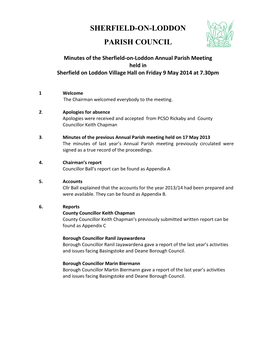 Minutes of the Sherfield-On-Loddon Annual Parish Meeting Held in Sherfield on Loddon Village Hall on Friday 9 May 2014 at 7.30Pm