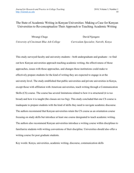 The State of Academic Writing in Kenyan Universities: Making a Case for Kenyan Universities to Re-Conceptualize Their Approach to Teaching Academic Writing