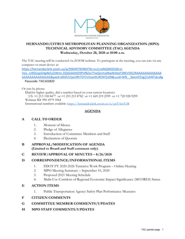 HERNANDO/CITRUS METROPOLITAN PLANNING ORGANIZATION (MPO) TECHNICAL ADVISORY COMMITTEE (TAC) AGENDA Wednesday, October 28, 2020 at 10:00 A.M