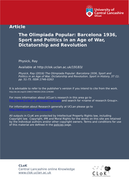 The Olimpiada Popular: Barcelona 1936, Sport and Politics in an Age of War, Dictatorship and Revolution