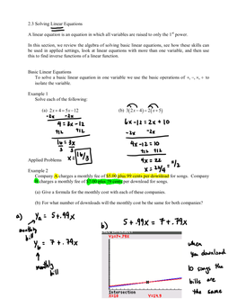 2.3 Solving Linear Equations a Linear Equation Is an Equation in Which All Variables Are Raised to Only the 1 Power. in This