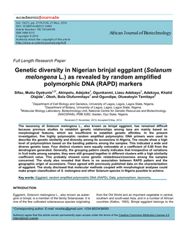 Solanum Melongena L.) As Revealed by Random Amplified Polymorphic DNA (RAPD) Markers