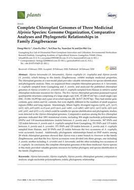 Complete Chloroplast Genomes of Three Medicinal Alpinia Species: Genome Organization, Comparative Analyses and Phylogenetic Relationships in Family Zingiberaceae