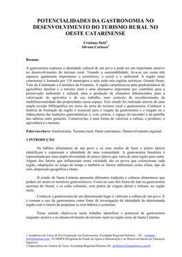 Potencialidades Da Gastronomia No Desenvolvimento Do Turismo Rural No Oeste Catarinense