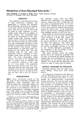 Metabolism of Brain Glycolipid Fatty Acids '': Yasuo Kishimoto and Norman S