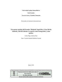 Tres Poetas Suicidas Del Ecuador: Medardo Ángel Silva, César Dávila Andrade Y David Ledesma