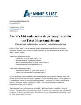 Annie's List Endorses in Six Primary Races for the Texas House and Senate