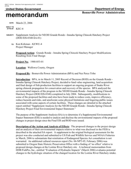 DOE/EIS-0340-SA-01: Supplement Analysis for NEOH Grande Ronde