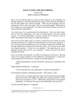 PAUL's LIFE and TEACHINGS Lesson 33 Paul's Letter to Philemon