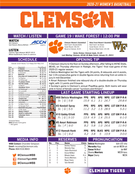 Clemson Tigers 1 2020-21 WOMEN’S BASKETBALL