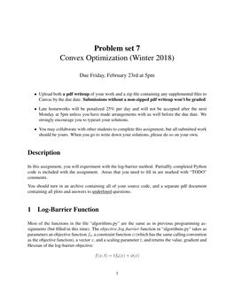 Problem Set 7 Convex Optimization (Winter 2018)