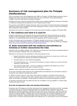 Summary of Risk Management Plan for Fintepla (Fenfluramine) This Is a Summary of the Risk Management Plan (RMP) for Fintepla