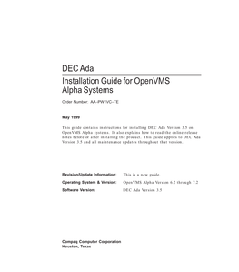 DEC Ada Installation Guide for Openvms Alpha Systems