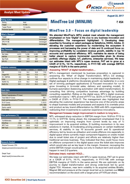 Mindtree Ltd (MINLIM) | 454 Target : | 470 Target Period : 12 Months Potential Upside : 4%