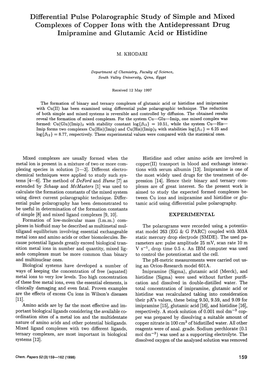 Differential Pulse Polarographic Study of Simple and Mixed Complexes of Copper Ions with the Antidepressant Drug Imipramine and Glutamic Acid Or Histidine