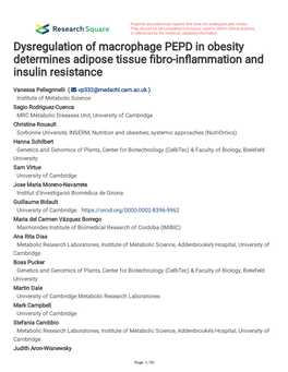 Dysregulation of Macrophage PEPD in Obesity Determines Adipose Tissue Fbro-Infammation and Insulin Resistance