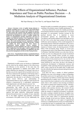 The Effects of Organizational Influence, Purchase Importance and Trust on Public Purchase Decision — a Mediation Analysis of Organizational Emotions