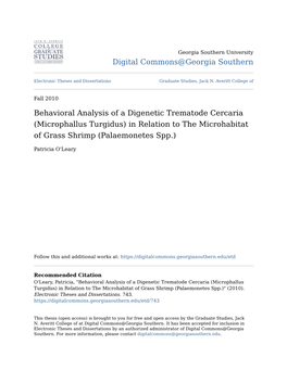 Behavioral Analysis of a Digenetic Trematode Cercaria (Microphallus Turgidus) in Relation to the Microhabitat of Grass Shrimp (Palaemonetes Spp.)