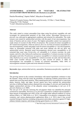 ANTIMICROBIAL ACTIVITIES of VEGETABLE OIL-EXTRACTED ASTAXANTHIN from MICROALGAE Haematococcus Pluvialis