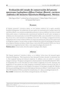 Evaluación Del Estado De Conservación Del Peyote Queretano Lophophora Diffusa Croizat (Bravo), Cactácea Endémica Del Desierto Querétaro-Hidalguense, México