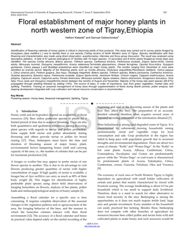 Floral Establishment of Major Honey Plants in North Western Zone of Tigray,Ethiopia Haftom Kebedea and Samuel Gebrechirstosb