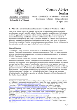 Country Advice Jordan Jordan – JOR36525 – Christians – Muslims – Communal Violence – State Protection 30 April 2010