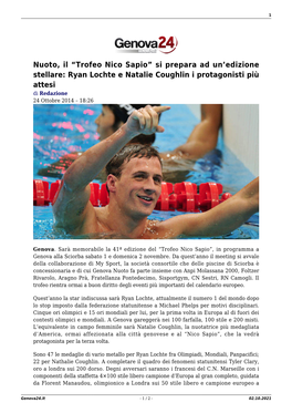 Nuoto, Il “Trofeo Nico Sapio” Si Prepara Ad Un’Edizione Stellare: Ryan Lochte E Natalie Coughlin I Protagonisti Più Attesi Di Redazione 24 Ottobre 2014 – 18:26