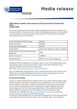 Media Release: Update on the Coronavirus and Vaccine Rollout by Premier Alan Winde 24 March 2021