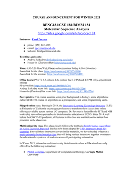 BENG181/CSE 181/BIMM 181 Molecular Sequence Analysis ​ ​ ​ ​ ​ ​ Instructor: Pavel Pevzner ​