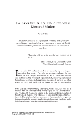 Tax Issues for U.S. Real Estate Investors in Distressed Markets