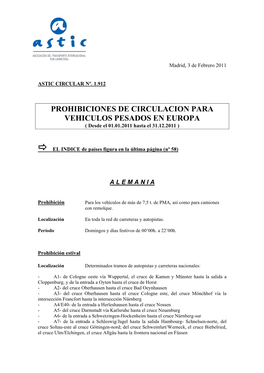 PROHIBICIONES DE CIRCULACION PARA VEHICULOS PESADOS EN EUROPA ( Desde El 01.01.2011 Hasta El 31.12.2011 )