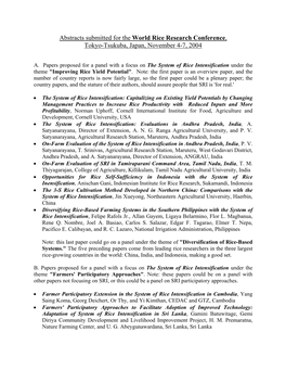 Abstracts Submitted for the World Rice Research Conference, Tokyo-Tsukuba, Japan, November 4-7, 2004