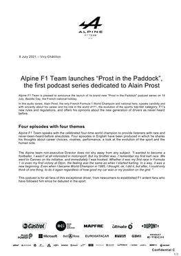 Alpine F1 Team Launches “Prost in the Paddock”, the First Podcast Series Dedicated to Alain Prost