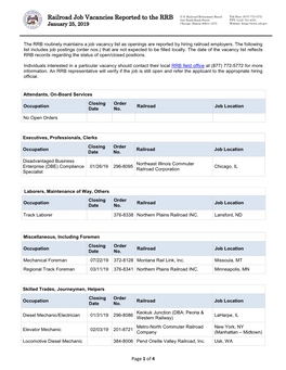 Railroad Job Vacancies Reported to the RRB 844 North Rush Street TTY: (312) 751-4701 January 25, 2019 Chicago, Illinois 60611-1275 Website