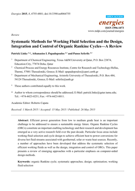 Systematic Methods for Working Fluid Selection and the Design, Integration and Control of Organic Rankine Cycles—A Review