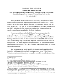 Today the FDIC Board of Directors Is Considering an Application for the Merger of Two Large Insured Depository Institutions