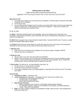 Writing Letters to the Editor Target: Senators Maria Cantwell and Patty Murray Legislation: the Preventing Preemptive War in North Korea Act, Senate Bill 2047