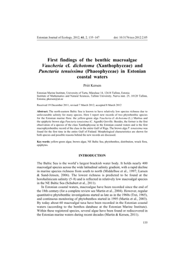 First Findings of the Benthic Macroalgae Vaucheria Cf. Dichotoma (Xanthophyceae) and Punctaria Tenuissima (Phaeophyceae) in Estonian Coastal Waters