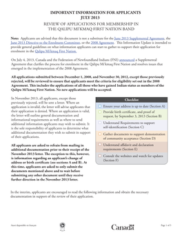 Review of Applications for Membership in the Qalipu Mi'kmaq First Nation Band Important Information for Applicants July 2013